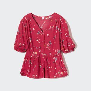 Uniqlo Floral Rayon Short Sleeve Blouse